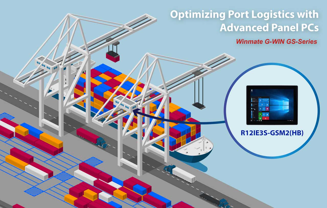 Panel PC Winmate R12IE3S-GSM2 integrado en un sistema de grúa portuaria para un manejo eficiente de carga y operaciones marítimas.